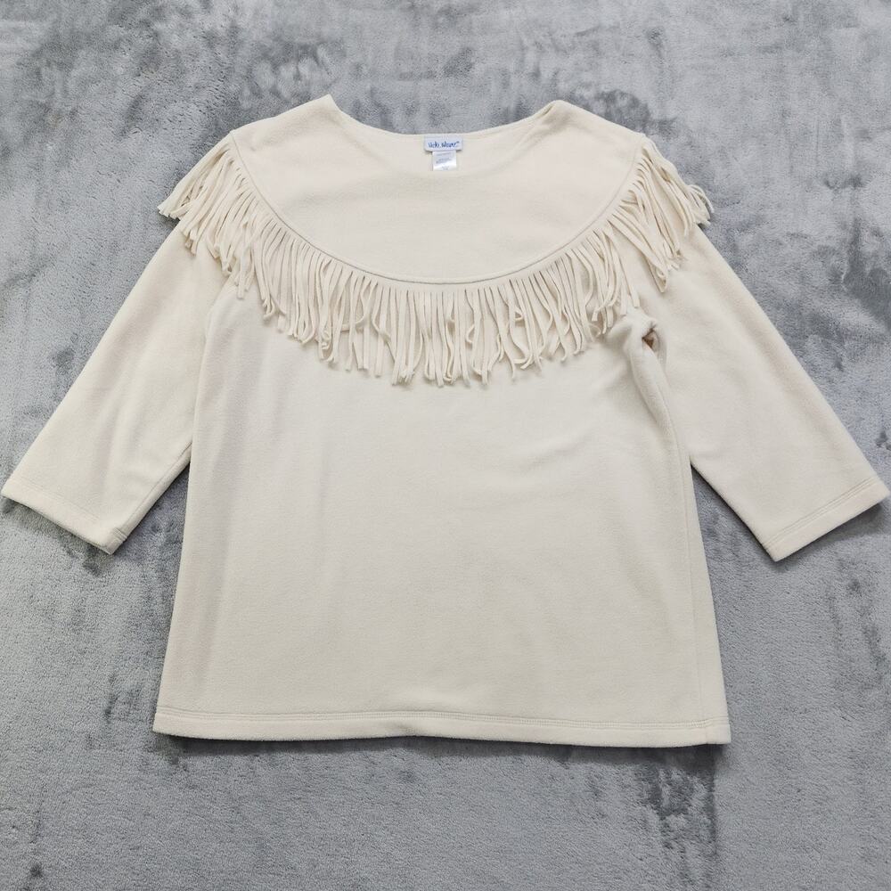 Vintage Vicki Wayne Fringed Fleece‎ Top Womens Size S Cream 3/4 Sleeves Pullover